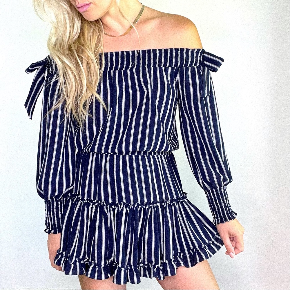 MISA Blue & White Striped Off the Shoulder Dress